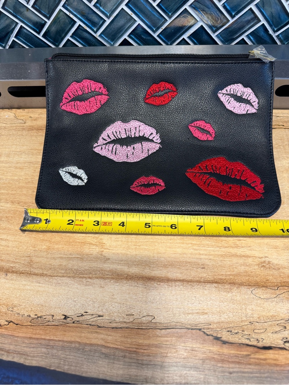 Black Leather Cosmetic Pouch with Red & Pink Lip Embroidery - Picture 2 of 5